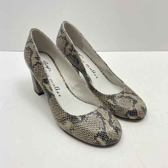 Bettye Muller | NWOB Neutral Beige Leather Snakeskin Round Toe Block Heel Pumps - Picture 6 of 11
